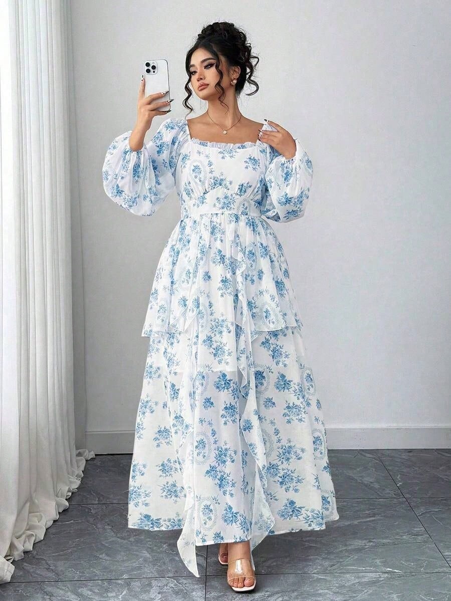 Women’s White/Blue Floral Square Neck Puff Long Sleeve Maxi Dress Size 2x