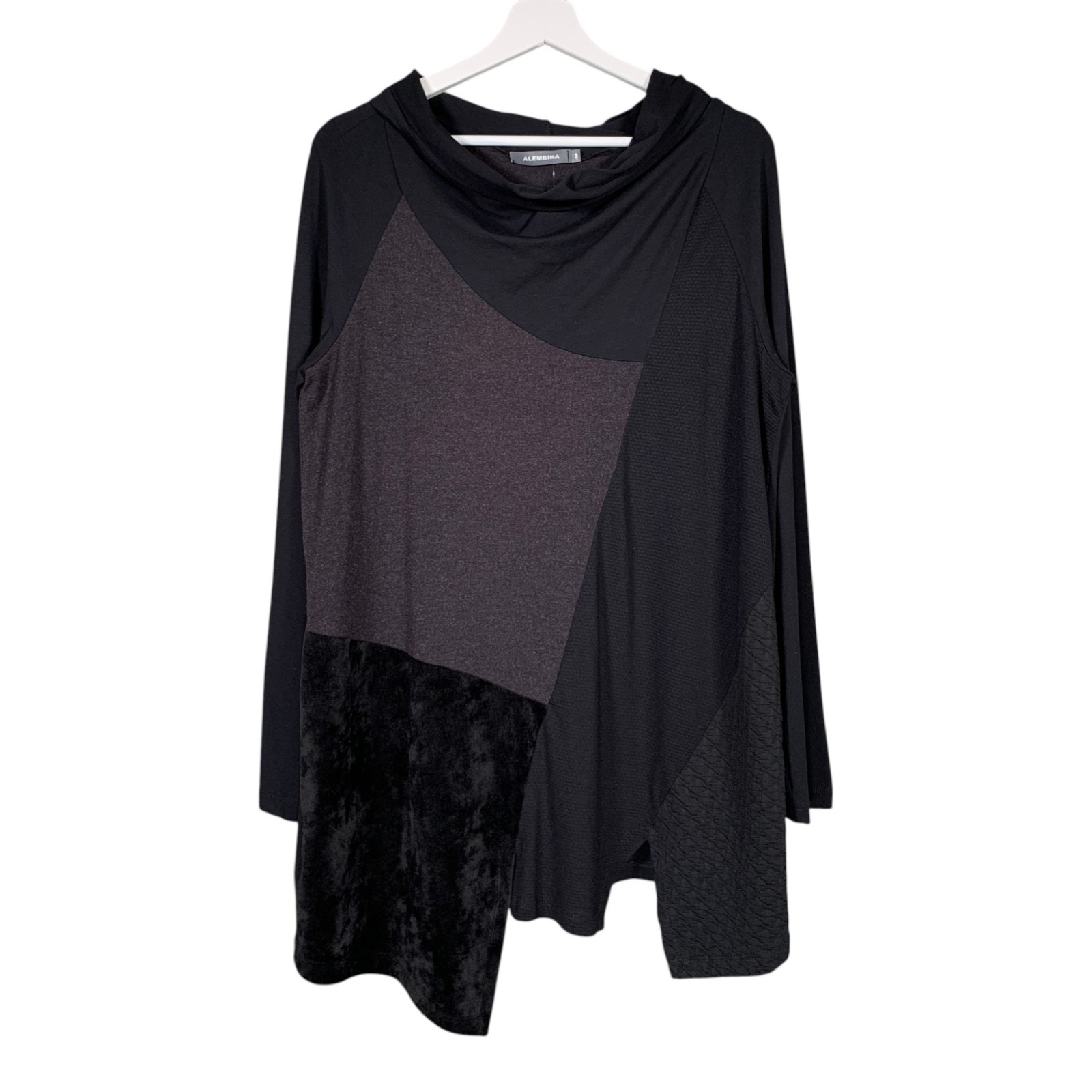 Alembika Tunic Top Size UK14 Black Asymmetric Cowl Stretch Jersey Lagenlook Arty