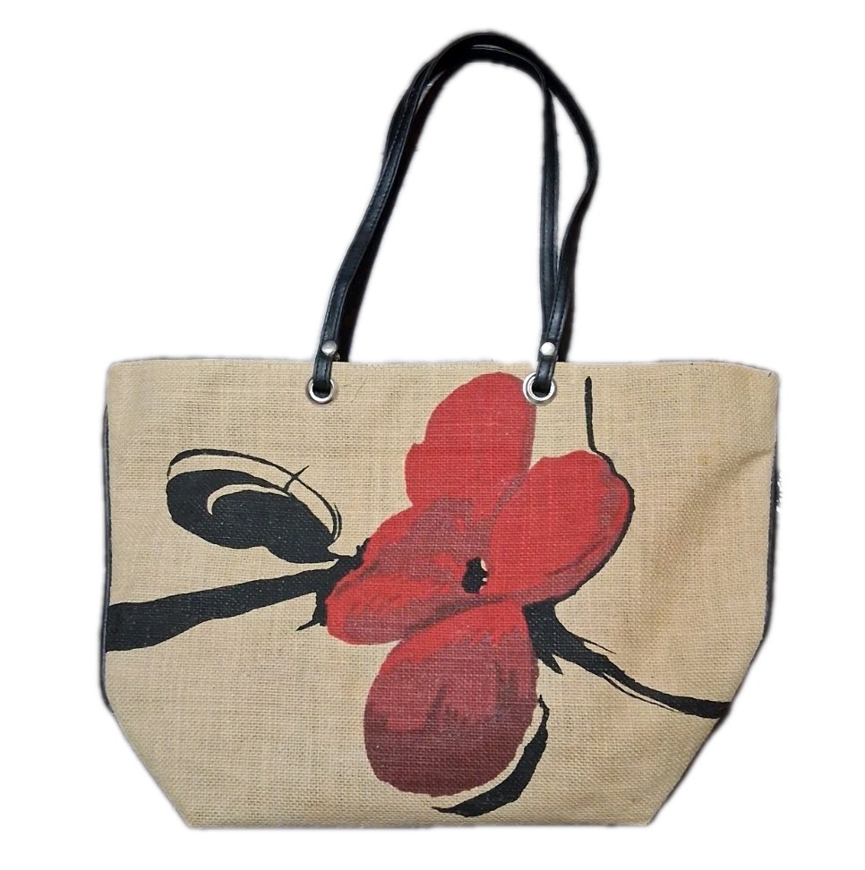 NATURAL Burlap Jute Floral Hand-Painted Tote Bag NWOT