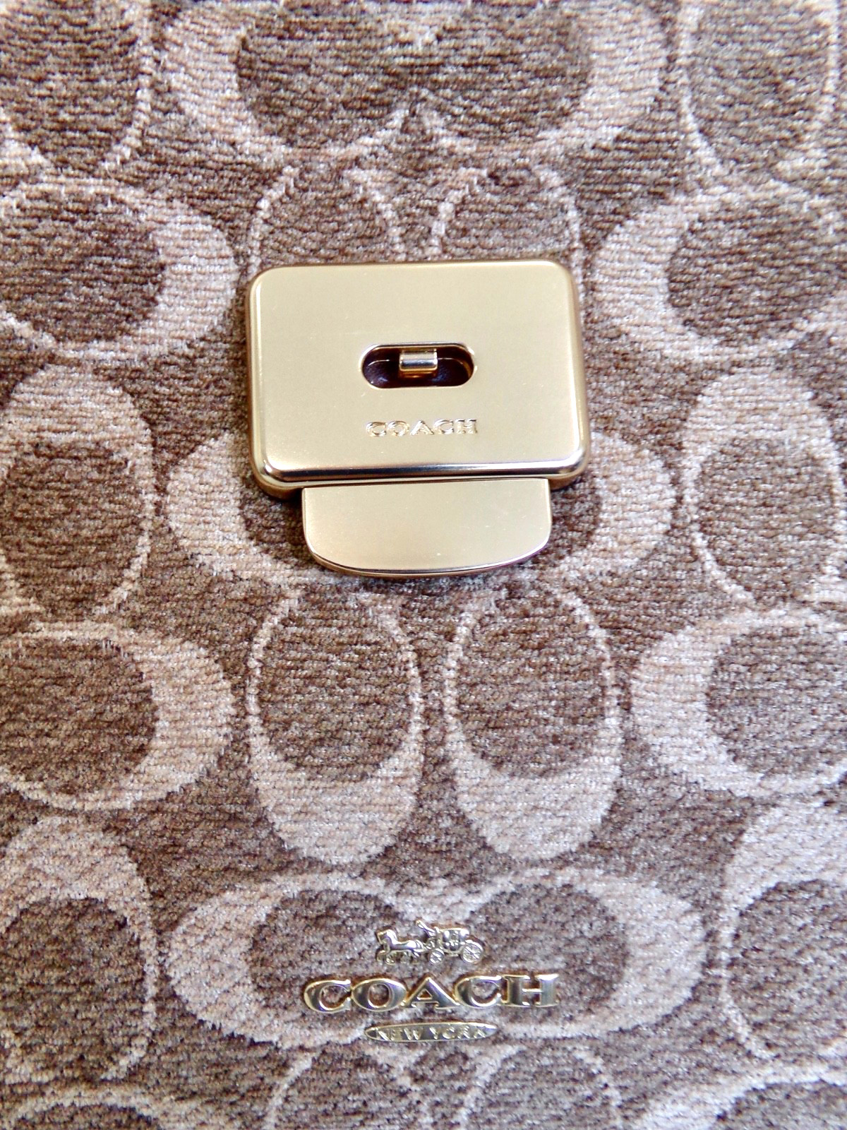 New Coach Handbag, Leather, Vintage Brown, Khaki & Gold in Signature Chenille