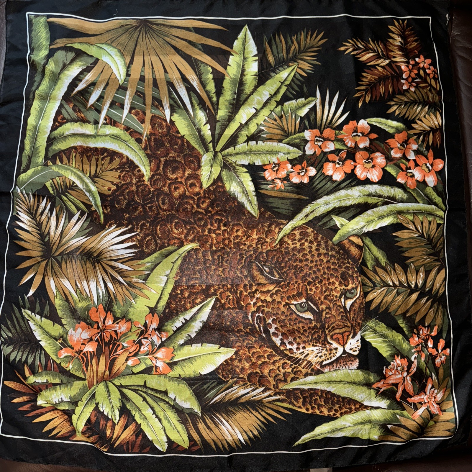 Fabulous Jungle Print Leopard Scarf 30.5” Square Ghost Stripe Hand Rolled Hem