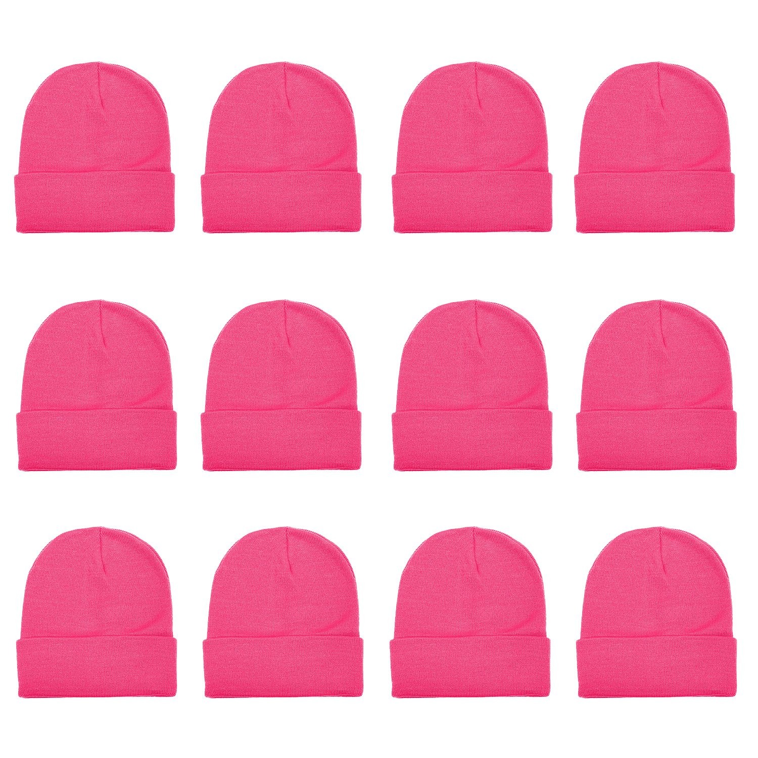 Gelante Unisex Beanie Cap Knitted Warm Solid One Size, 12 Pack: Hot Pink
