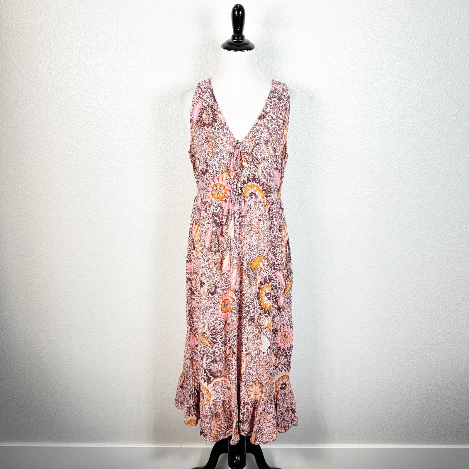 Madewell Womens Size 6 Boho Lace-Up Ruffle-Hem Midi Sun Dress Bali Blooms Print