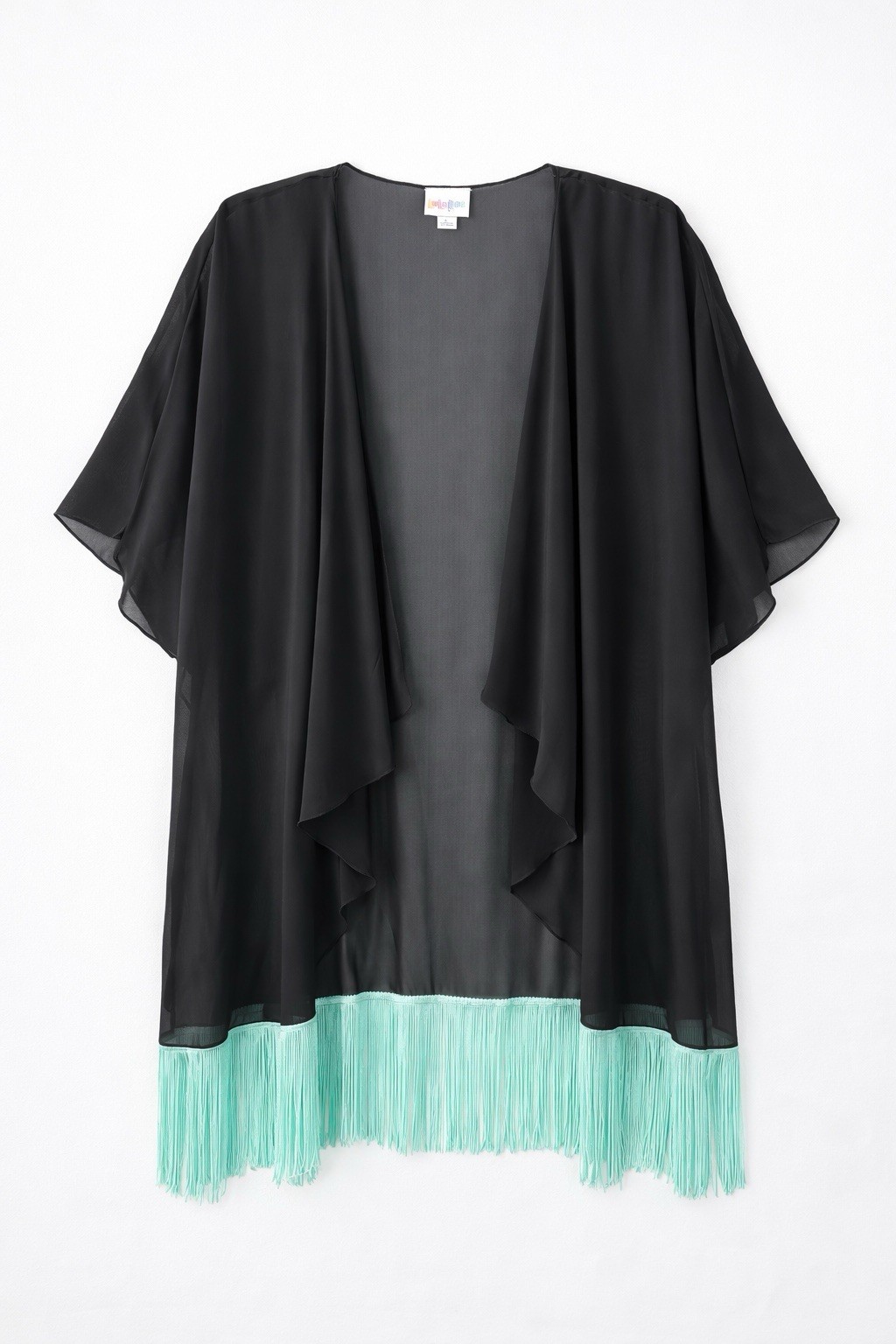 Lularoe Women’s Sheer Black Kimono Aqua Fringe Open Front Boho Festival Large