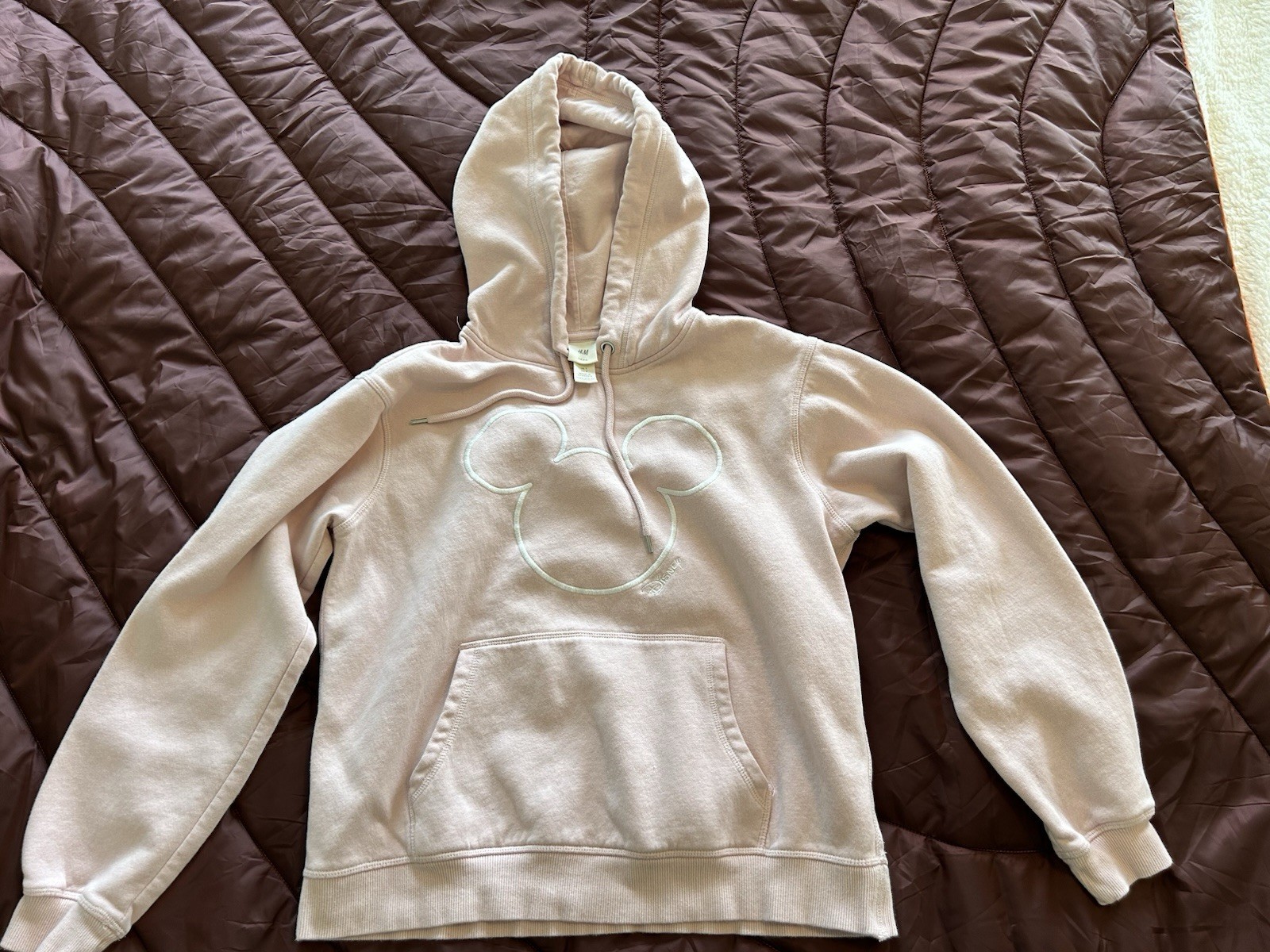 H&M L.O.G.G. Mickey Mouse Pink Embroidered Pullover Hoodie Pockets Women S
