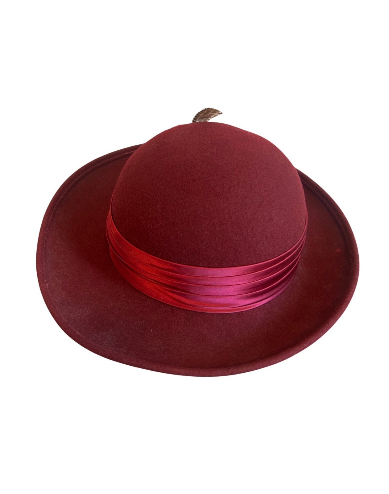 Vintage Geo W Bollman Burgundy Wool Hat With Satin Ribbon & Feather Accent
