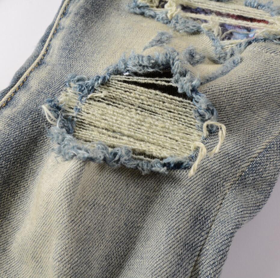 Men’s Retro Blue Denim Jeans Stretch Ripped Casual Punk Hip Hop Ripped Pants New