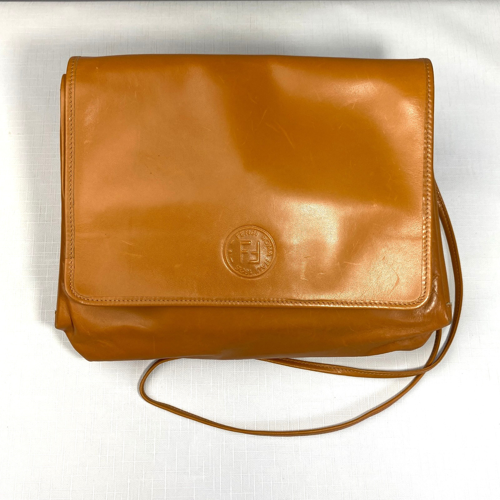 FENDI FF Vintage COGNAC BROWN Leather Shoulder Bag! Crossbody MADE IN ITALY