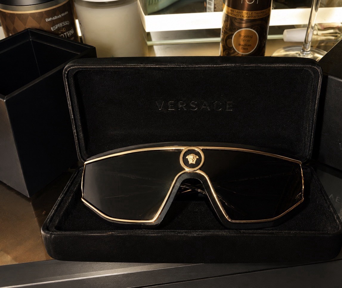 Versace 2226 Men’s Gold Metal Shield Sunglasses Black Tinted Lens 115mm