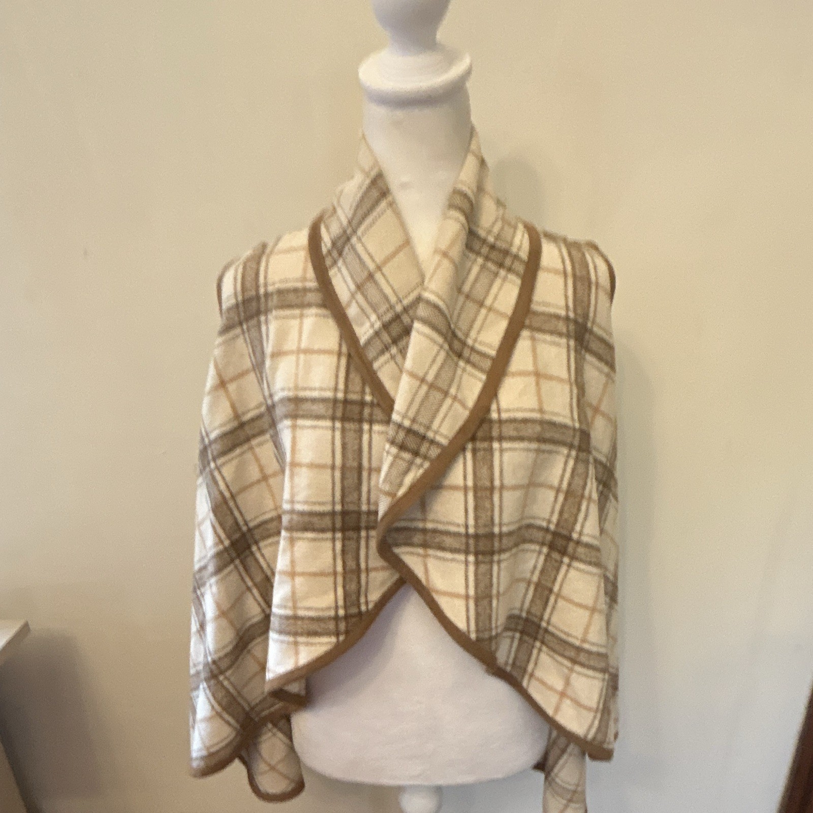 Altard State Women’s Plaid Shawl/Wrap Beige Brown White Trim Hand Wash