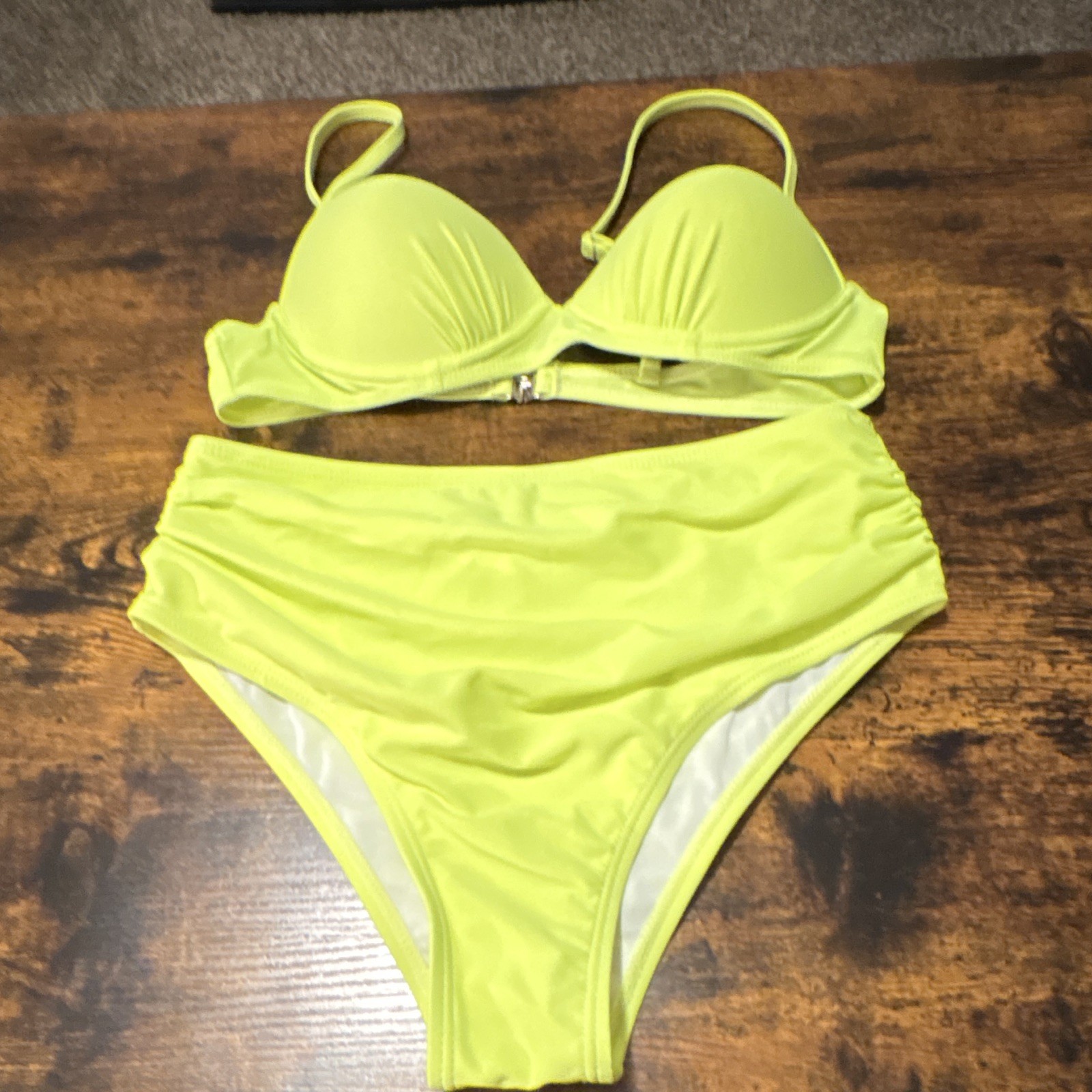 Women’s Yellow Solid 2-Piece Bikini Set S High-Waisted Bottom Adjustable Straps