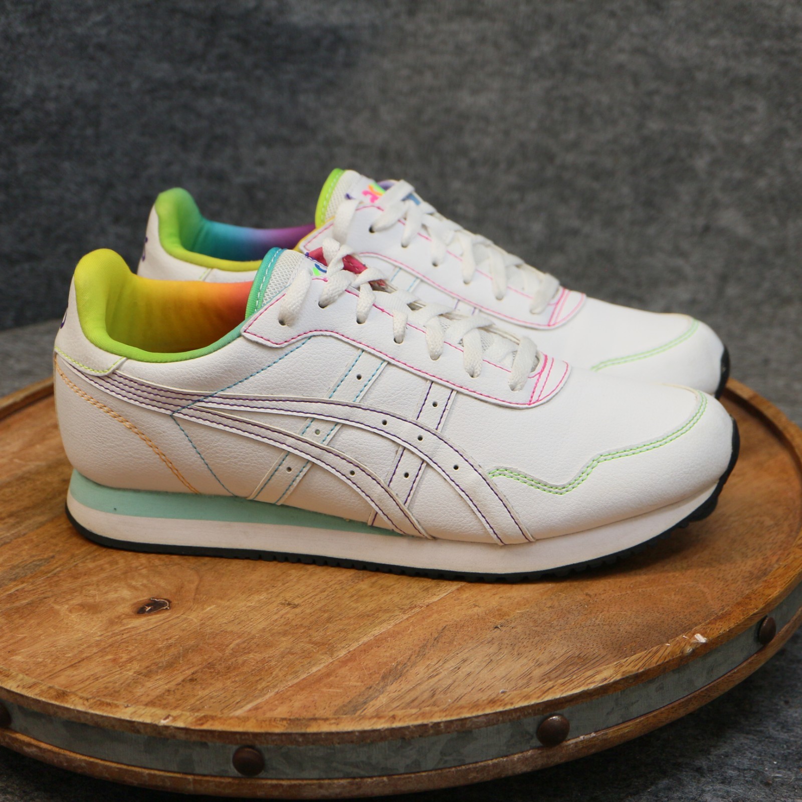 Asics Tiger Runner Mens Size 8.5 White Rainbow Leather Running Sneakers 1203A167