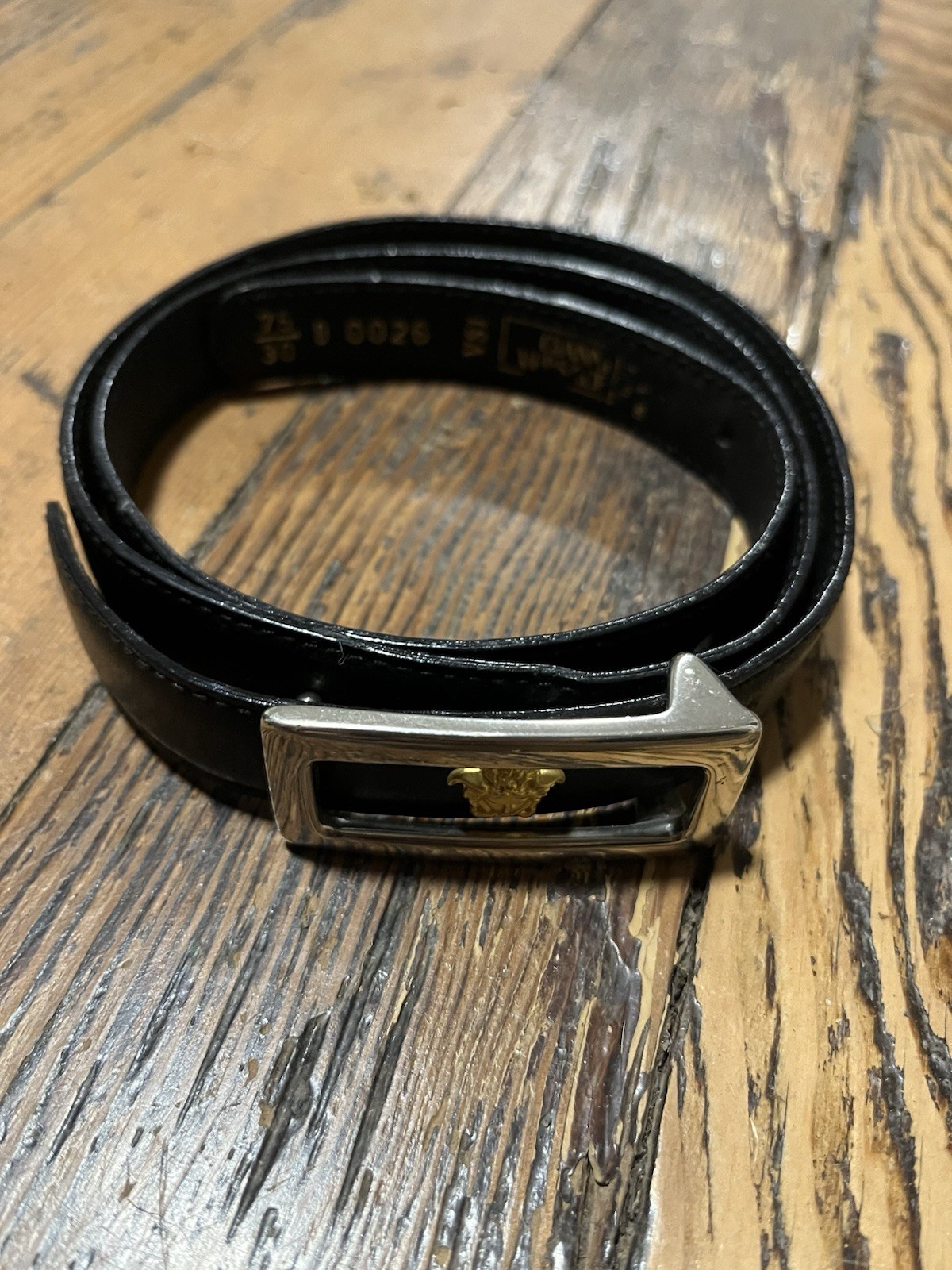 Versace Kids Gold Medusa Head Black Leather Belt Silver Buckle 75cm
