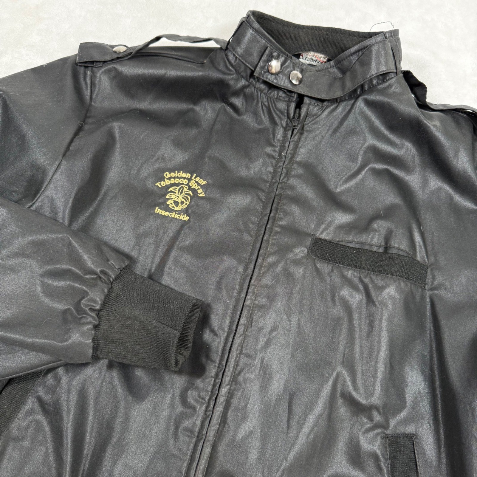 Vintage Sportsmaster Bomber Jacket Mens Black Golden Leaf Tobacco Spray USA Made