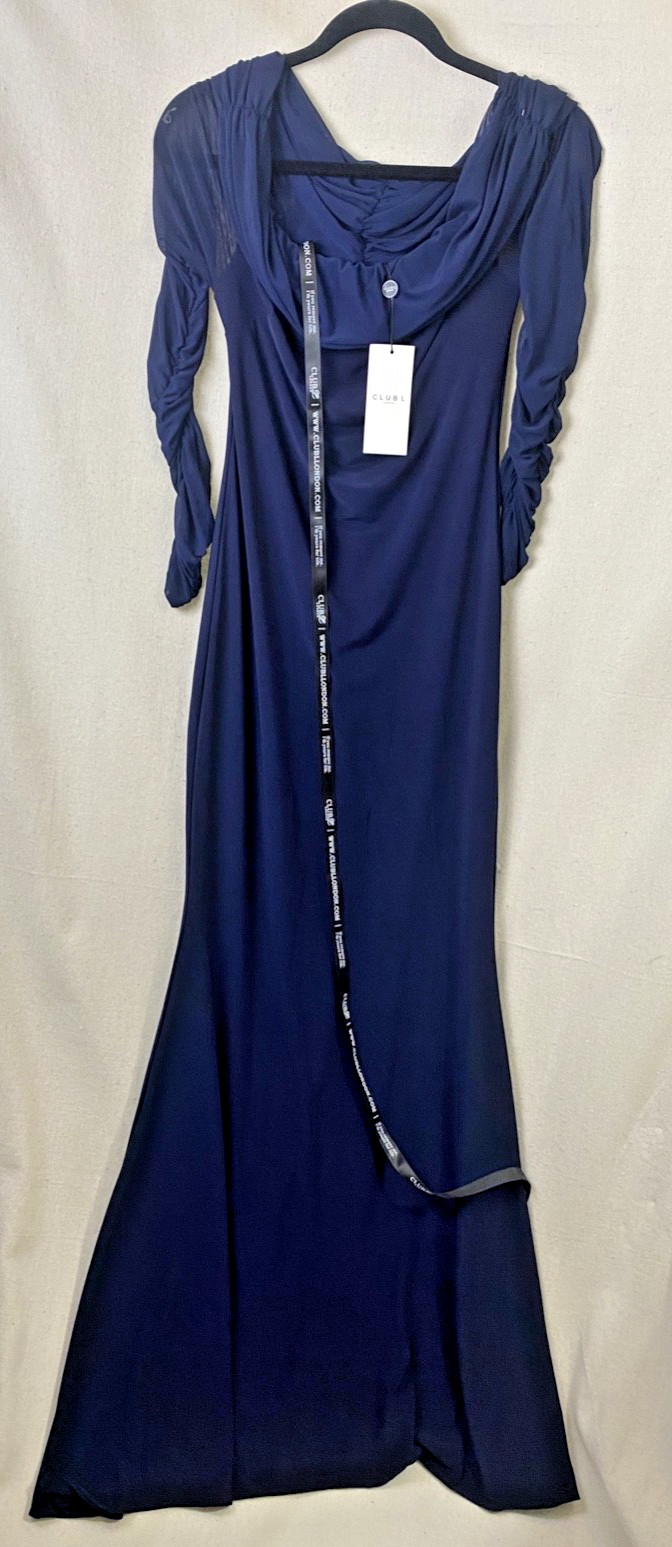 Club L London MADELEINE Navy Fishtail Maxi Dress With Bardot Mesh Long Sleeves 8