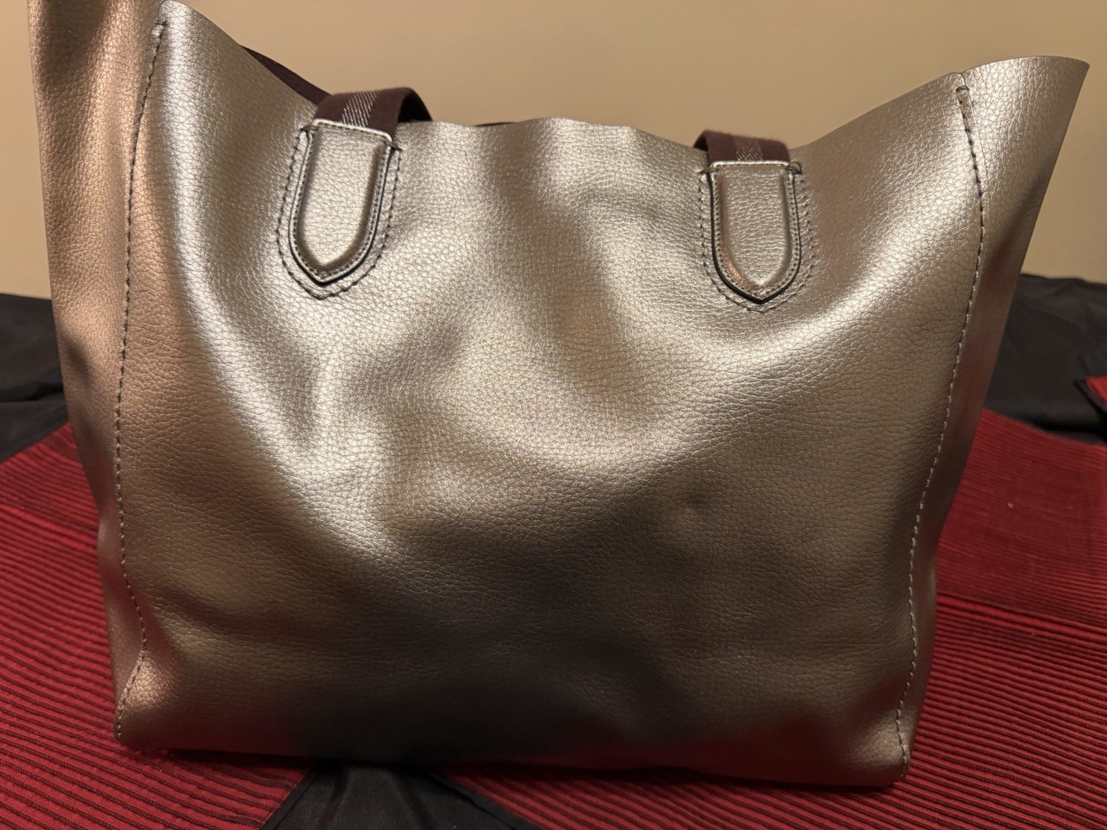 Coach Bronze Pebbled Tote Large Double Handles Snap Zip Inner Pockets Bag Charm