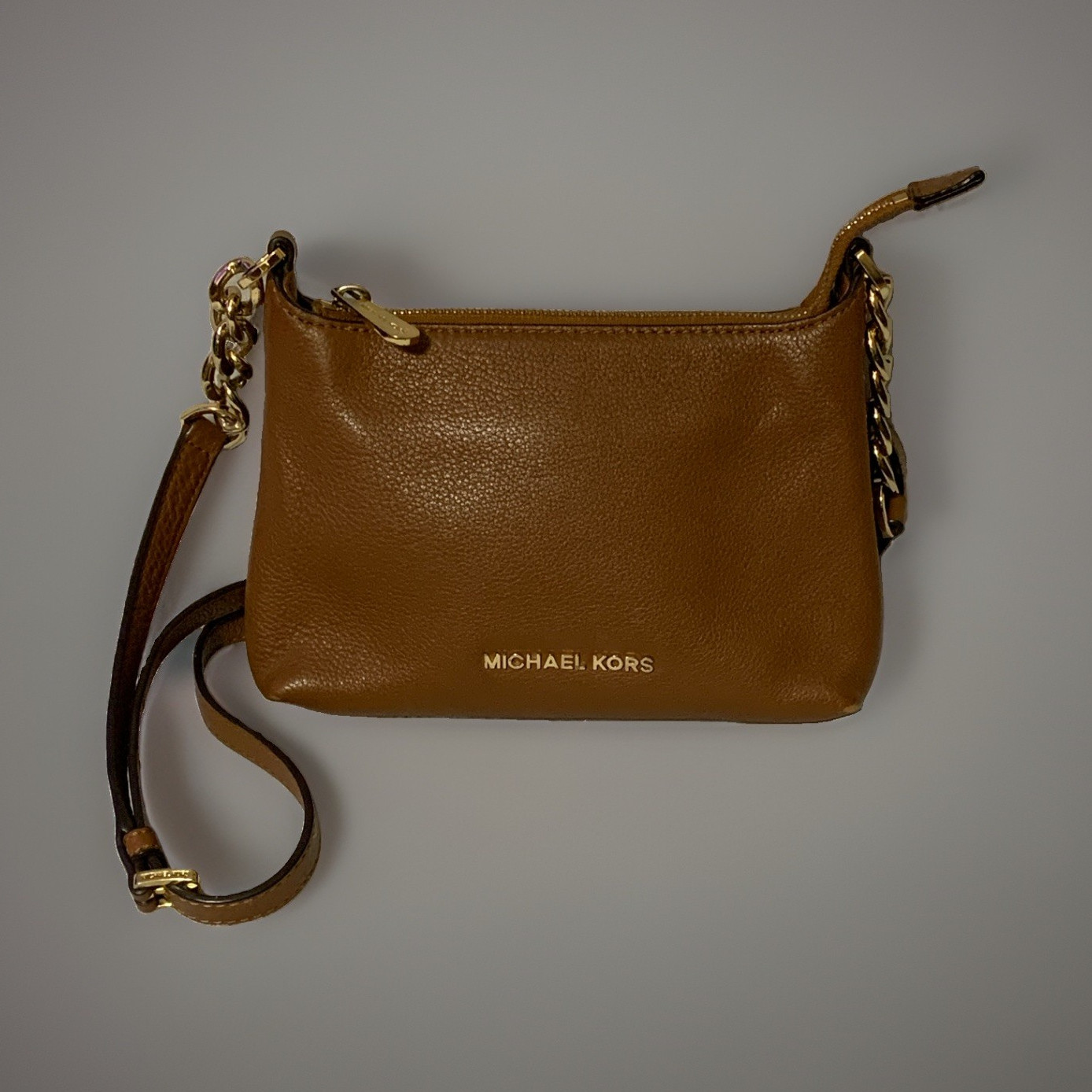 Michael Kors Brown Pebbled Small Crossbody Gold Hardware Chain Adjustable Strap