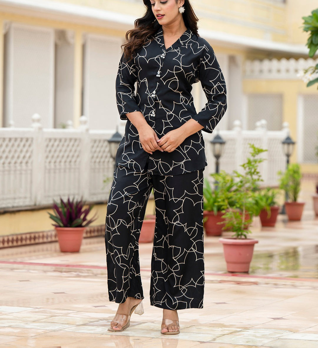 Black Printed Muslin Co-Ord Set for Women Summer Vacation Lounge Wear