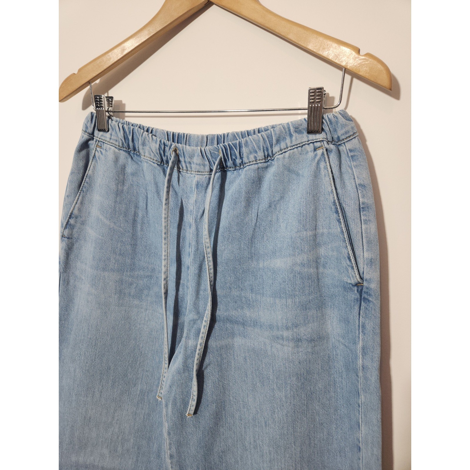 Zara Womens Wide Leg Drawstring Jeans Light Wash Blue High Rise Size Medium