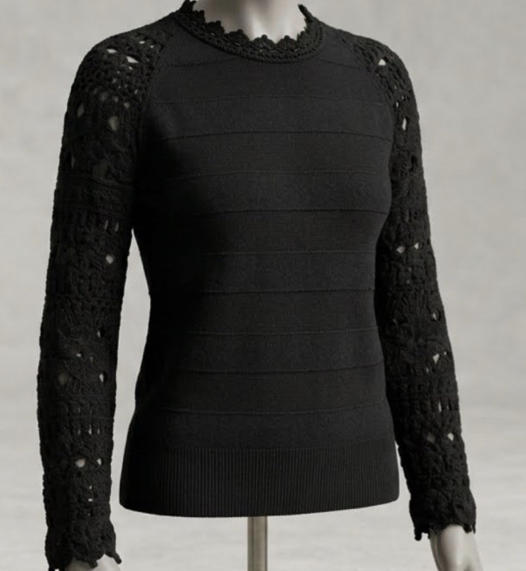 Carolina Herrera Black Cashmere Silk Knit Crewneck Crochet Sleeve Sweater L