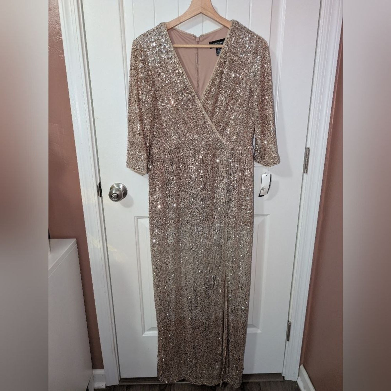 NWT R&M Richards V Wrap Sequin Gown W10P Champagne