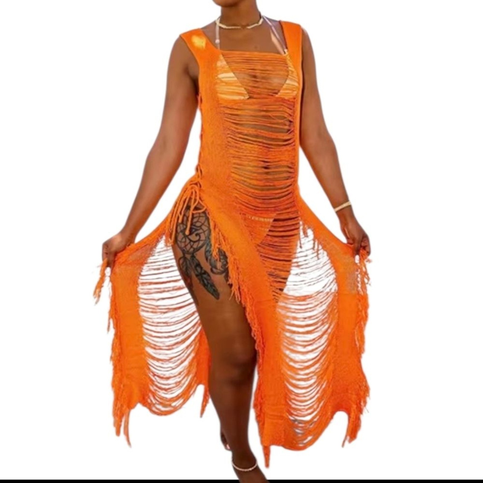 Crochet Beach Dress: Bohemian Hallow Sleeveless With Slit Sz XXL