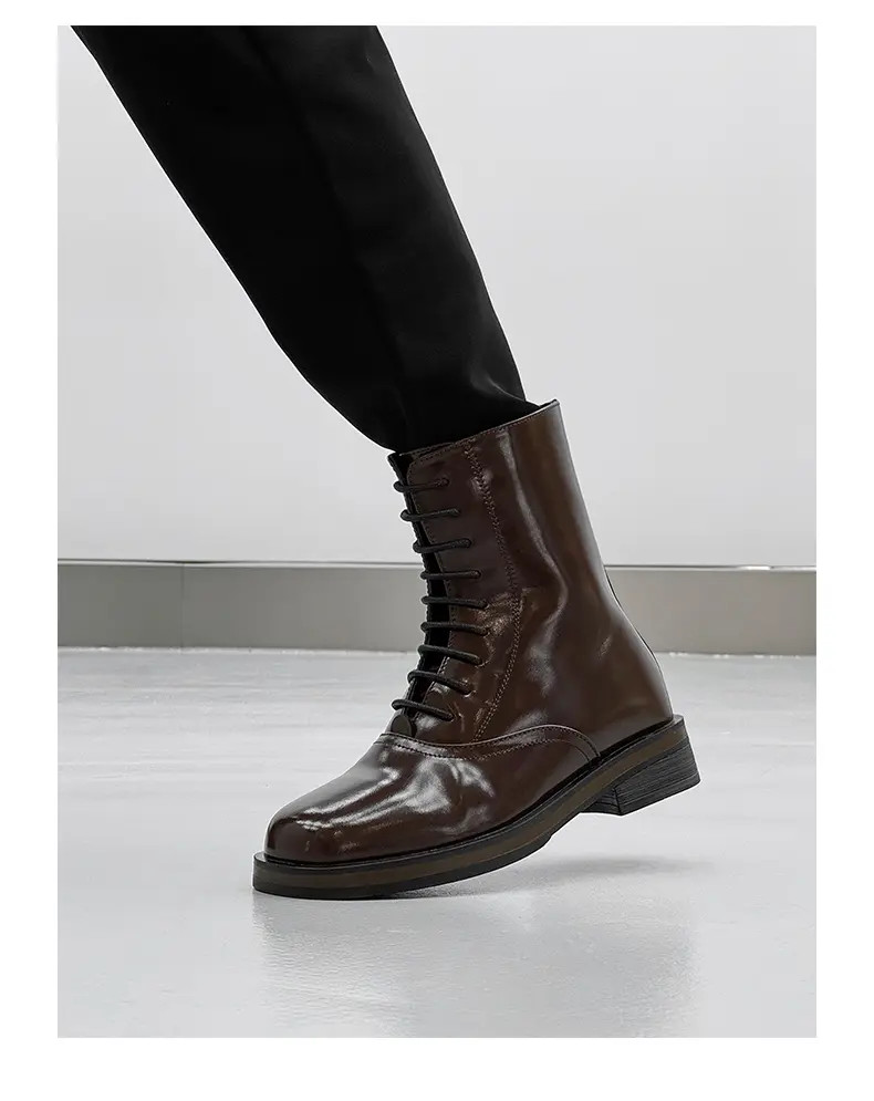 British Mid Calf Boots Men’s Lace Up High Top Business Leather Motorcycle Shoes
