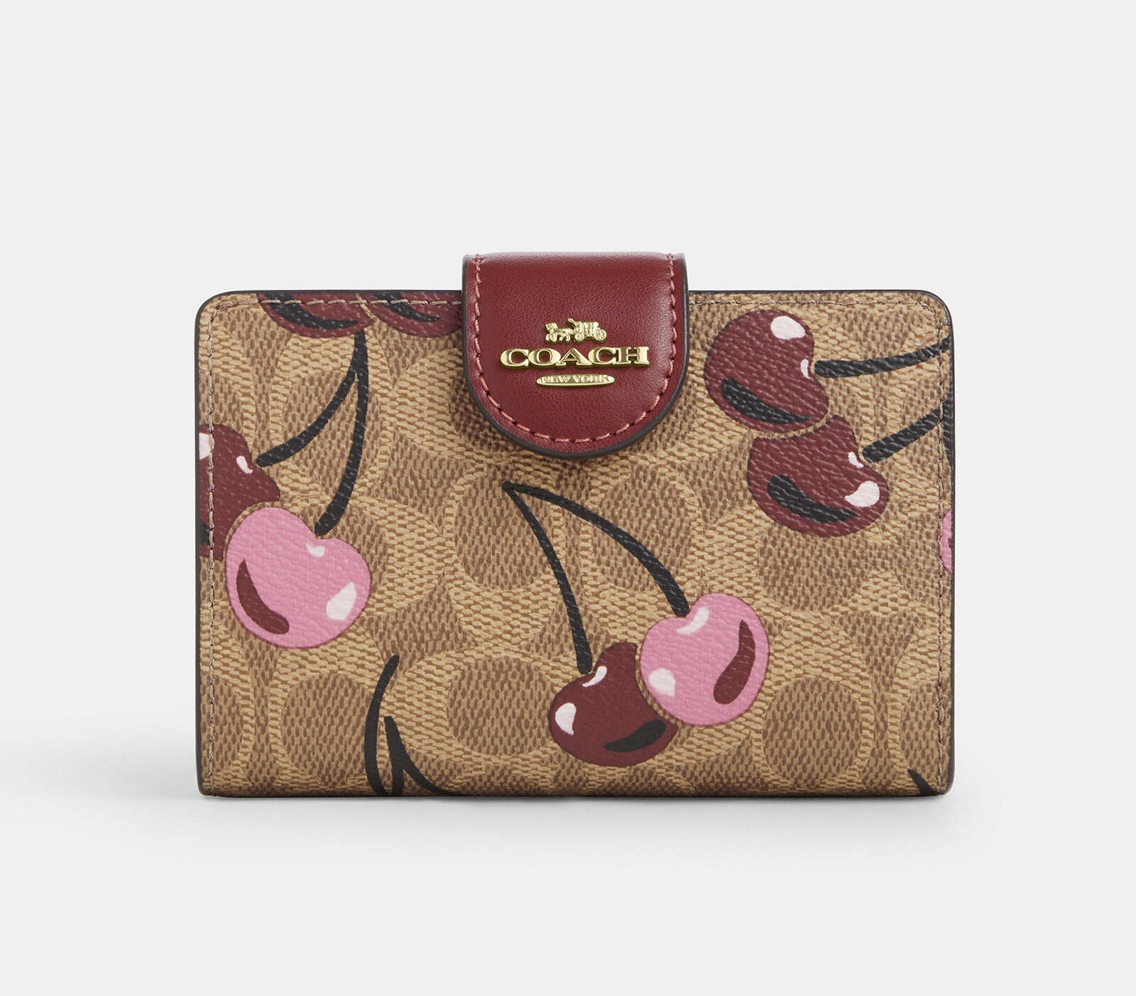 Coach Medium Corner Zip Wallet In Signature Canvas With Cherry Print CZ342 NWT