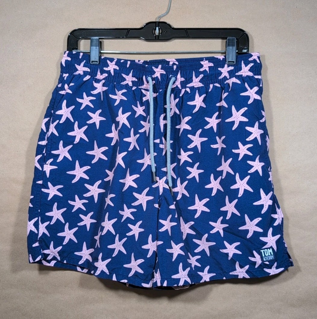 Tom & Teddy Men’s Medium Swim Trunks Purple With Pink Starfish Lined, Pockets