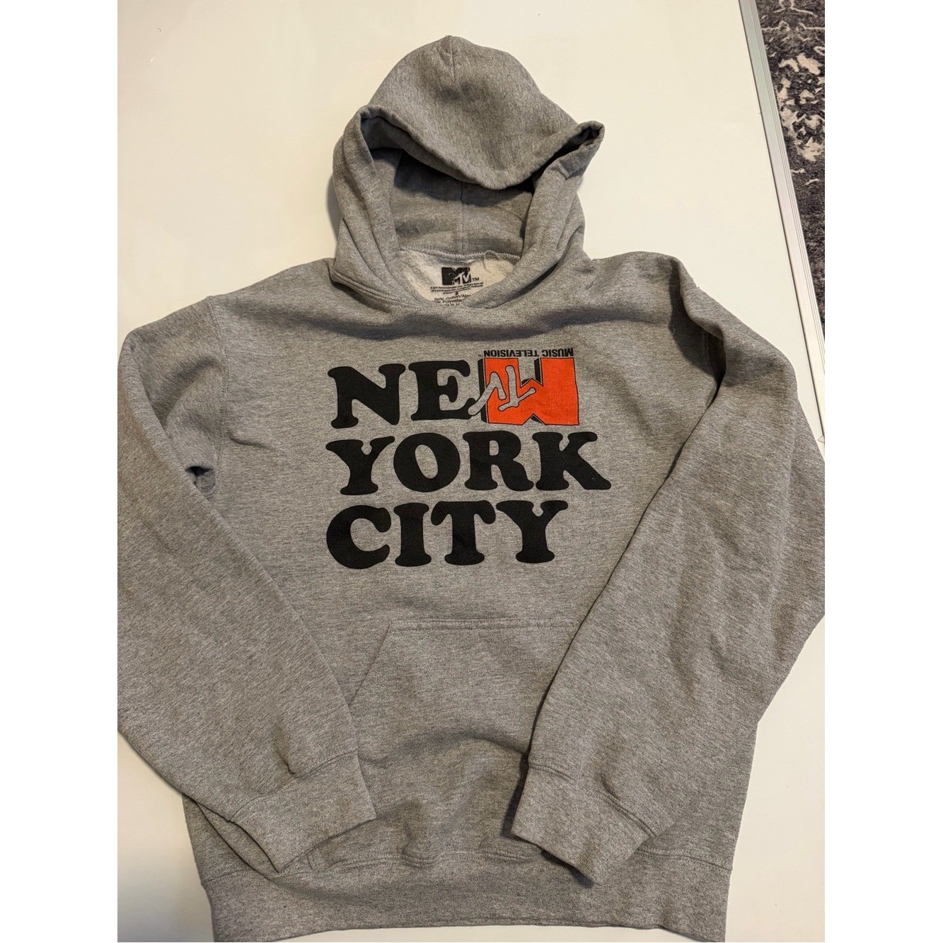 MTV Gray Hoodie with Black New York City Text and Orange Logo