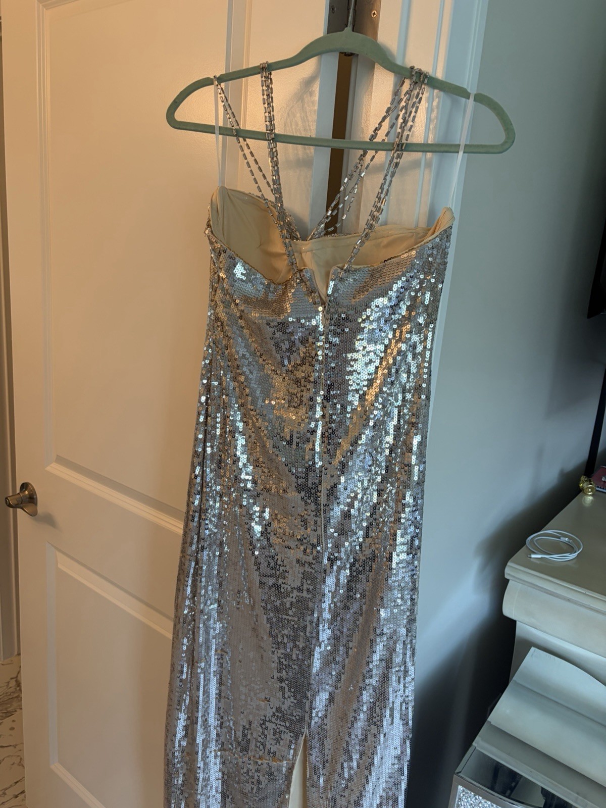 Silver Sequin Sweetheart Midi Dress Spaghetti Strap Bodycon Cocktail S