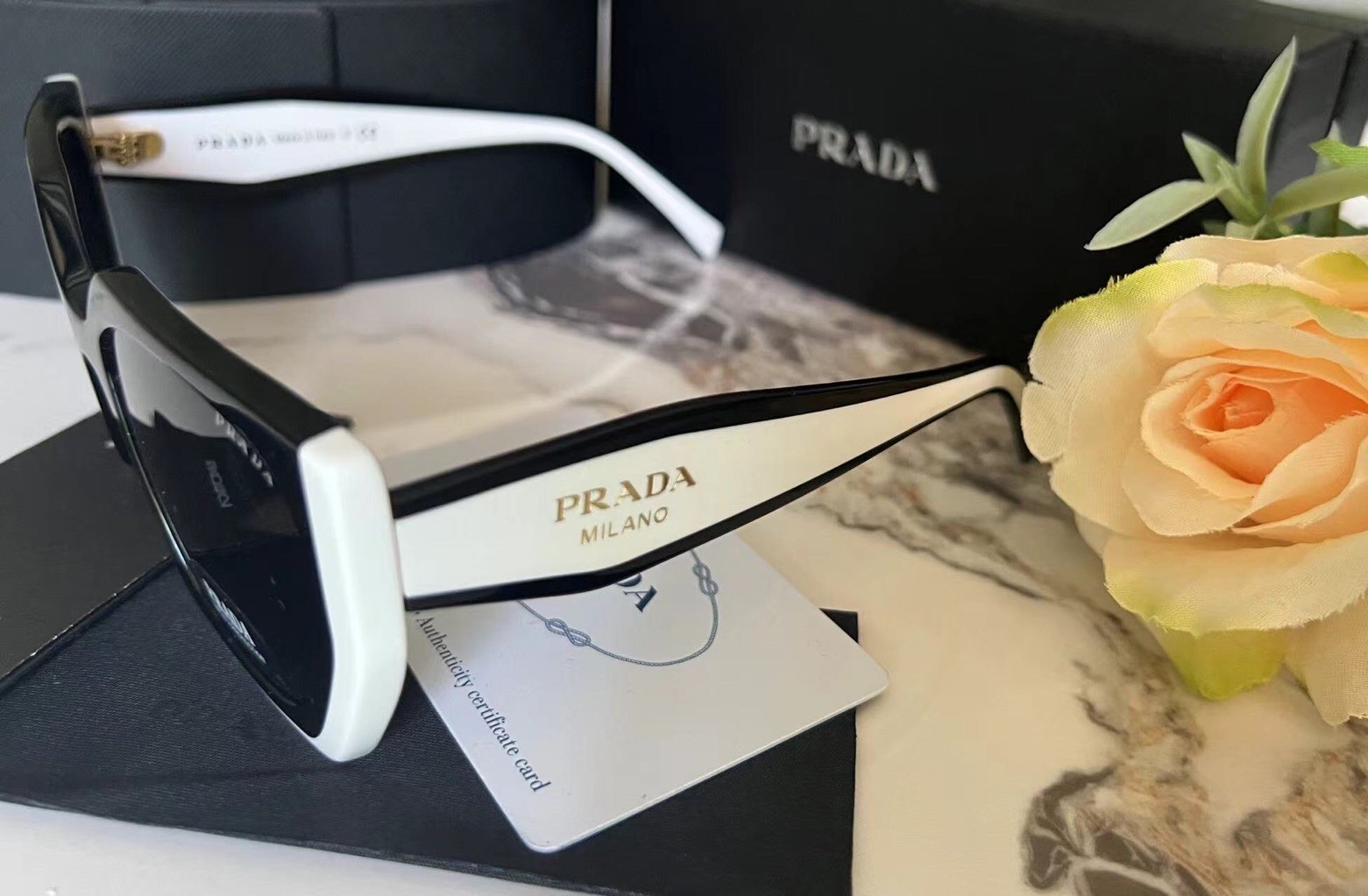 Prada PR15WS 09Q5S0 Rectangle Sunglasses in Black and White /Gray Lens 100% UV