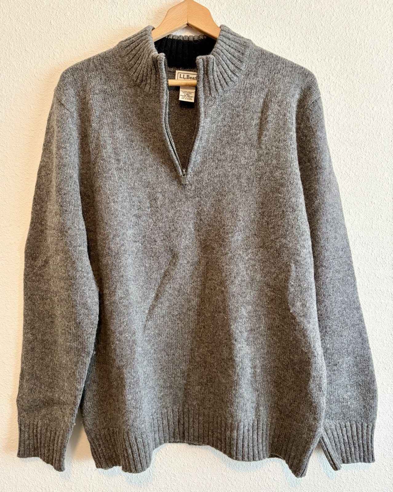 LL Bean 100% Wool Shetland Sweater Mens Large Gray 1/4 Zip Pullover Elbow Patch