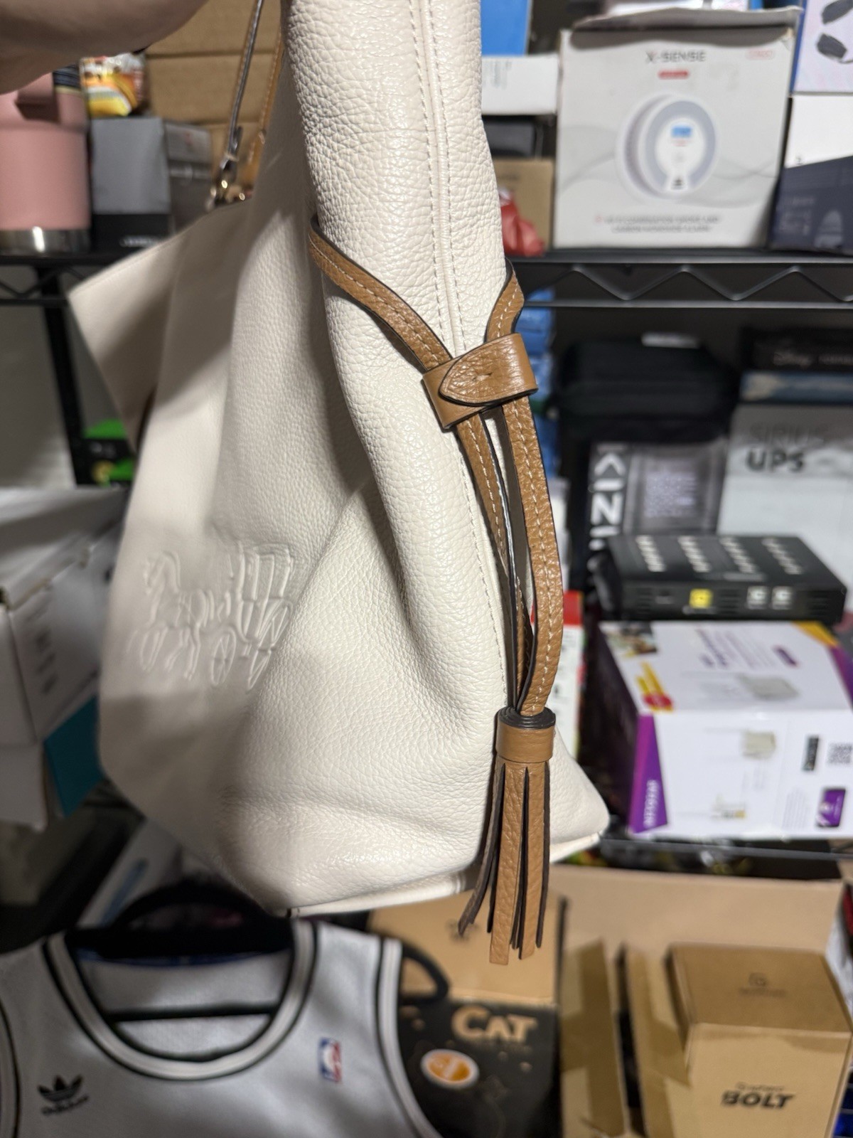 Coach Andy With Horse & Carriage Leather Tote Bag White & Brown Tassel Old Money