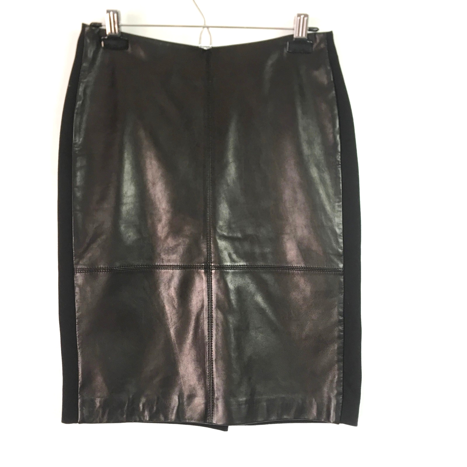 Talbots Womens 4 Skirt Lambskin Leather Pencil Dark Chocolate Brown Knit Back