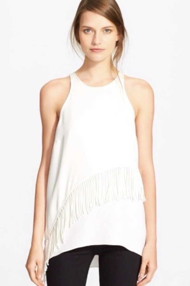 Elizabeth And James Size Medium White Fringe Sleeveless Blouse tank top Silk