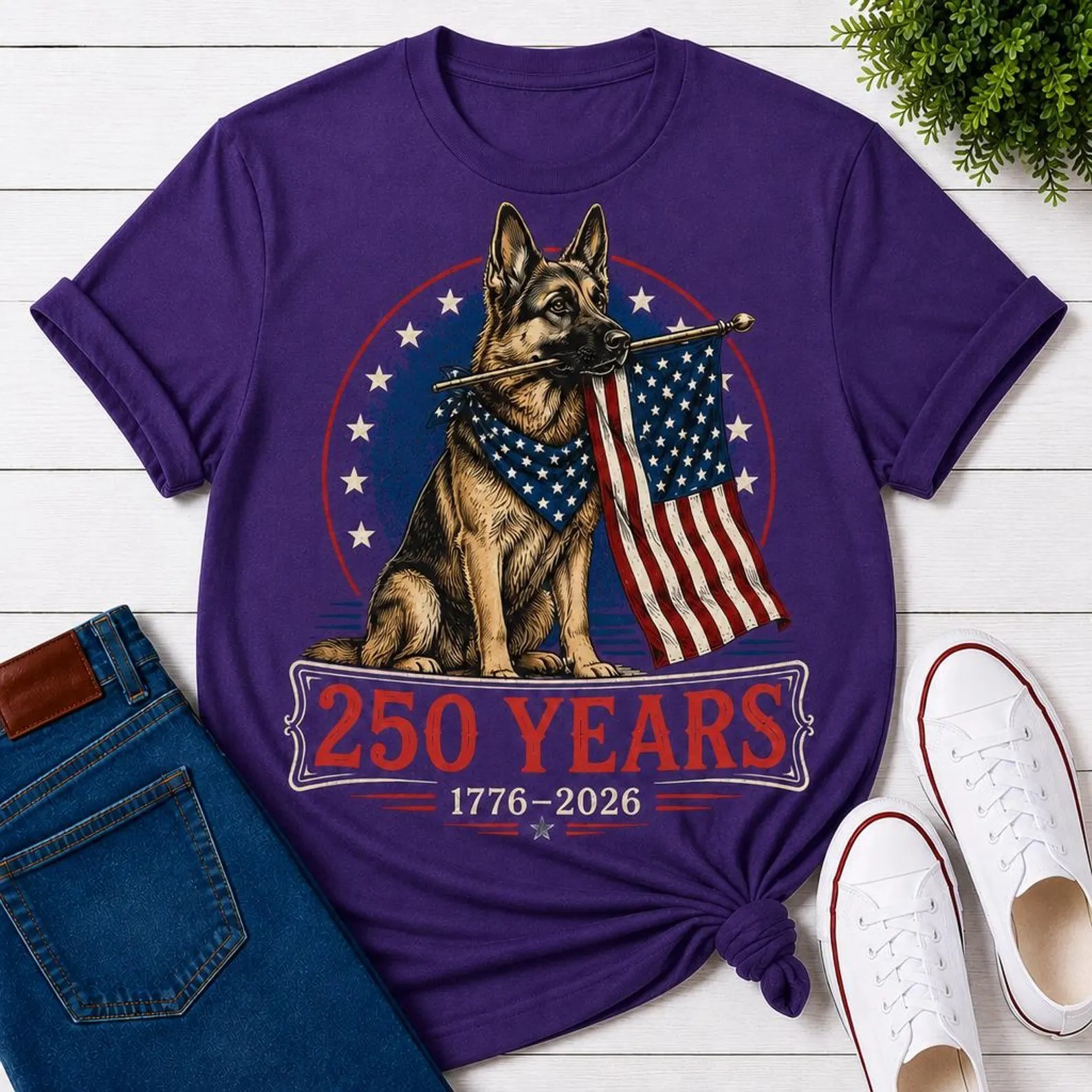 German Shepherd Patriotic 250 Years 1776-2026 USA Flag Dog Lover T-Shirt