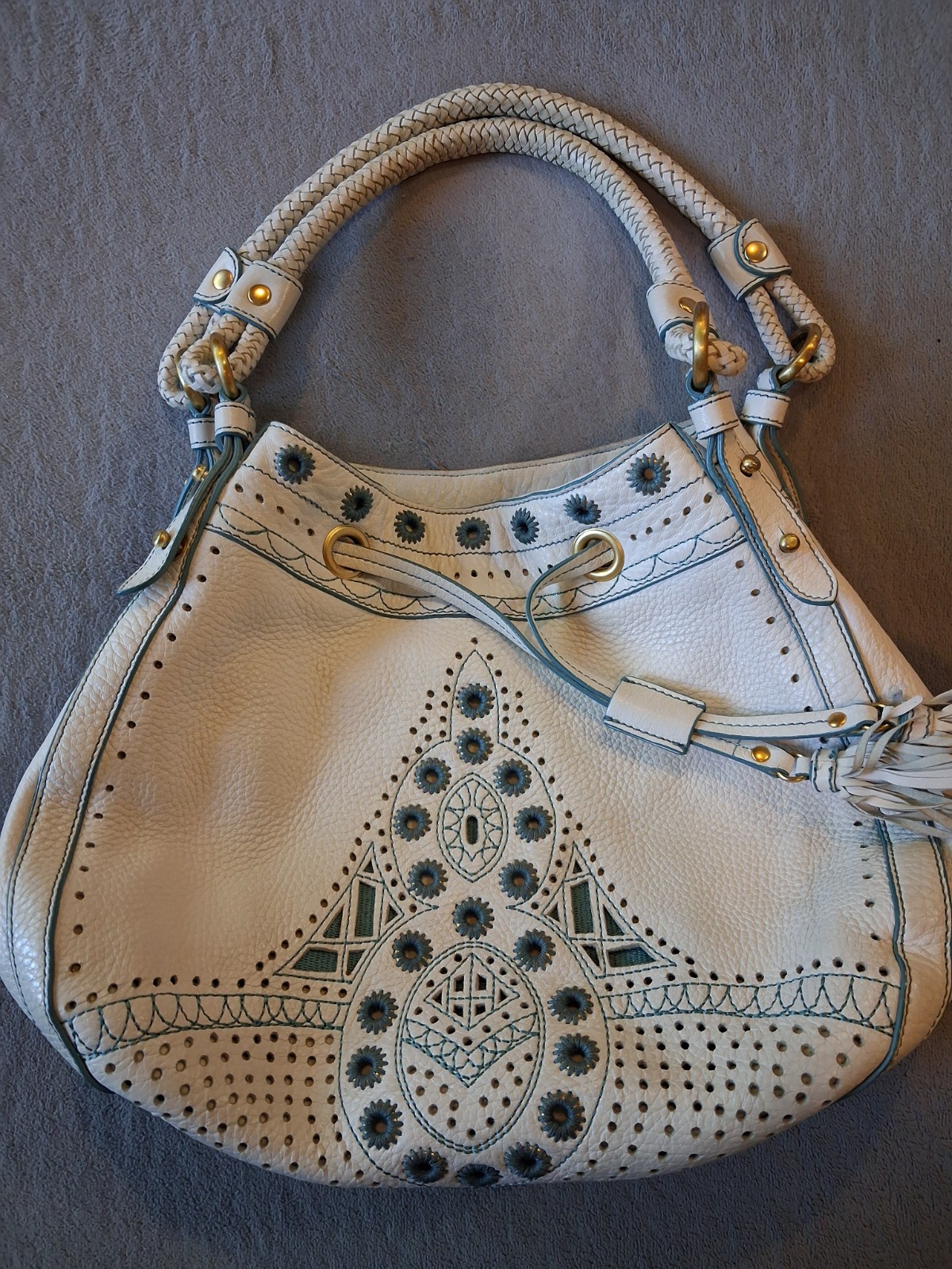 Cole Haan Kayla White Embellished Pebbled Leather Satchel Tote Boho Bag Handbag