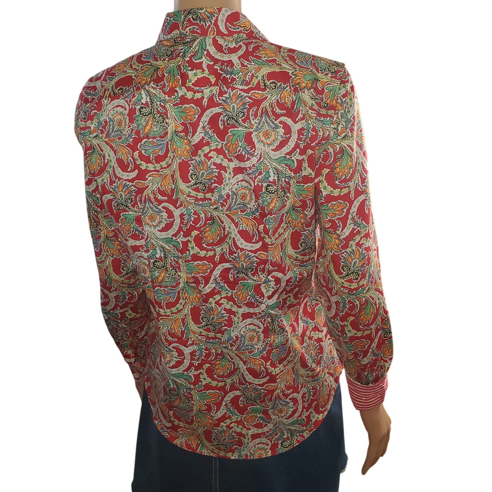 Chaps Petite M No Iron 100% Cotton Red Paisley Button Shirt Flip Stripe Cuff