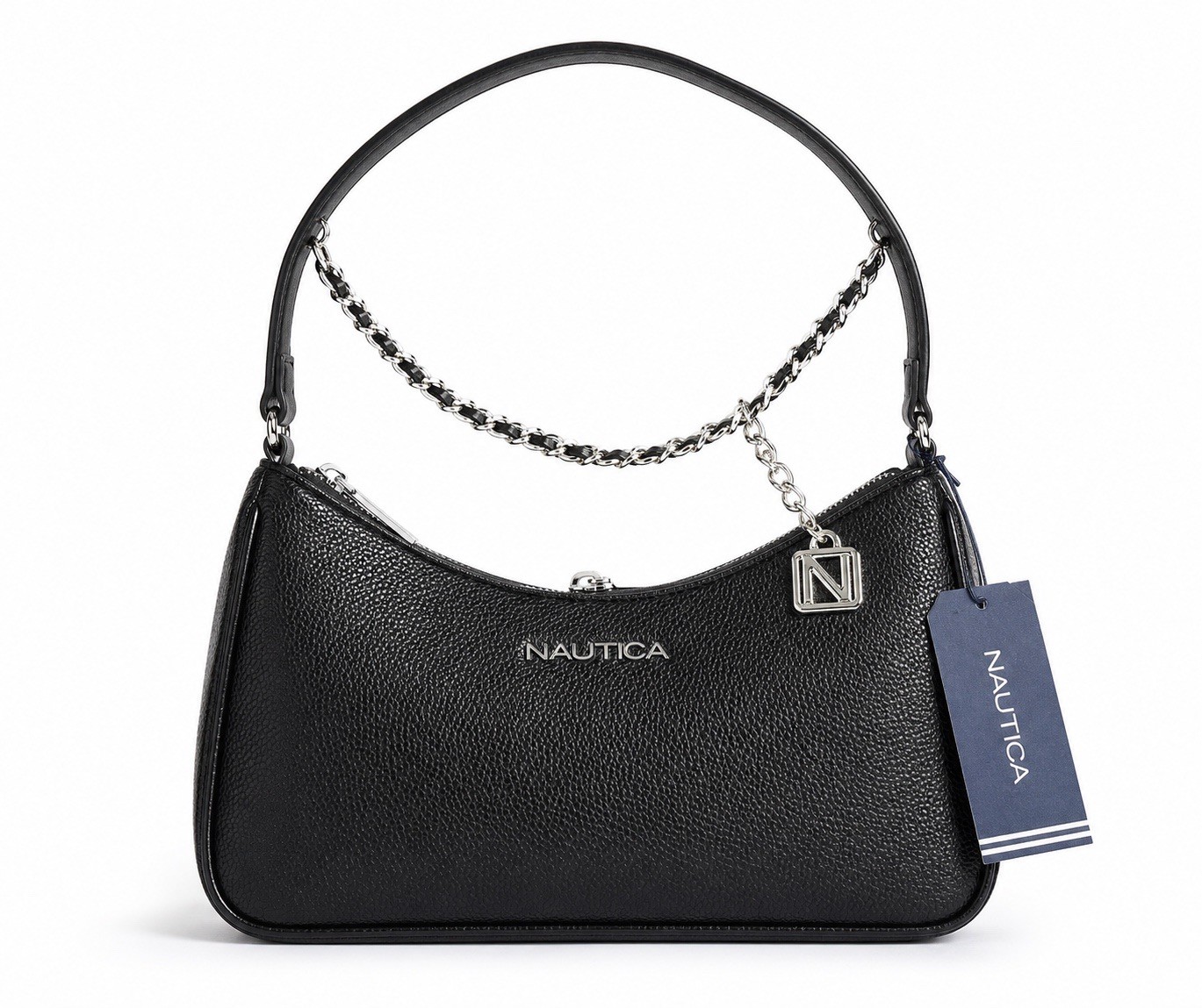 Nautica Black Shoulder Bag Chain Strap Logo Charm Zipper Accents Small Classic