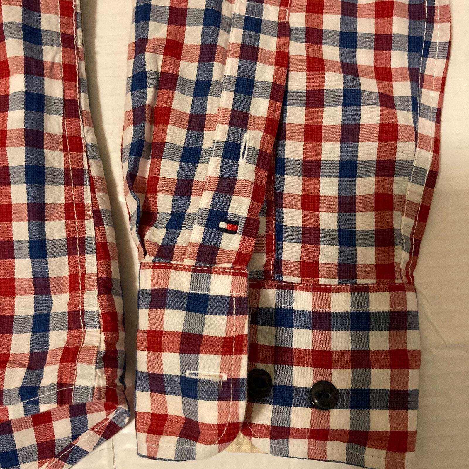 Tommy Hilfiger Navy Blue Red & White Plaid Button Down Shirt Men Size M