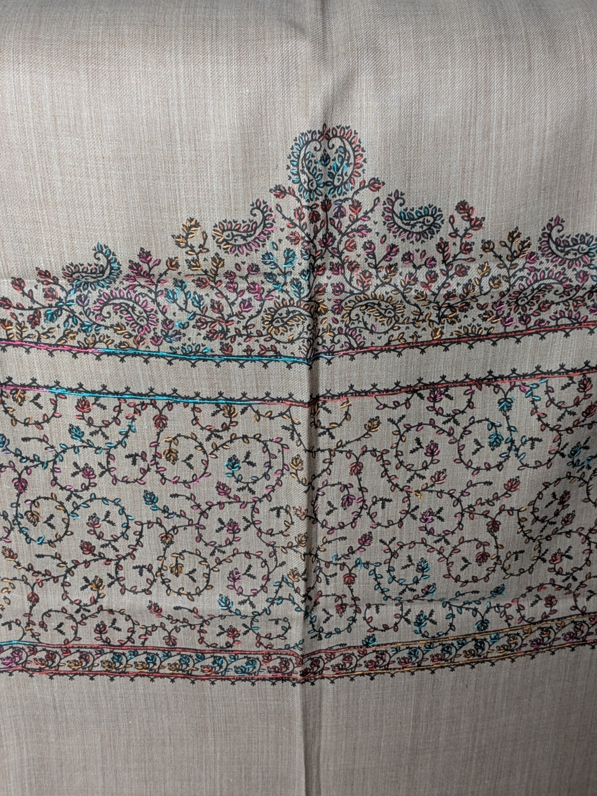 Kashmiri Embroidered Pashmina Shawl / Wrap Beige color hand made size 80″.x 29″.