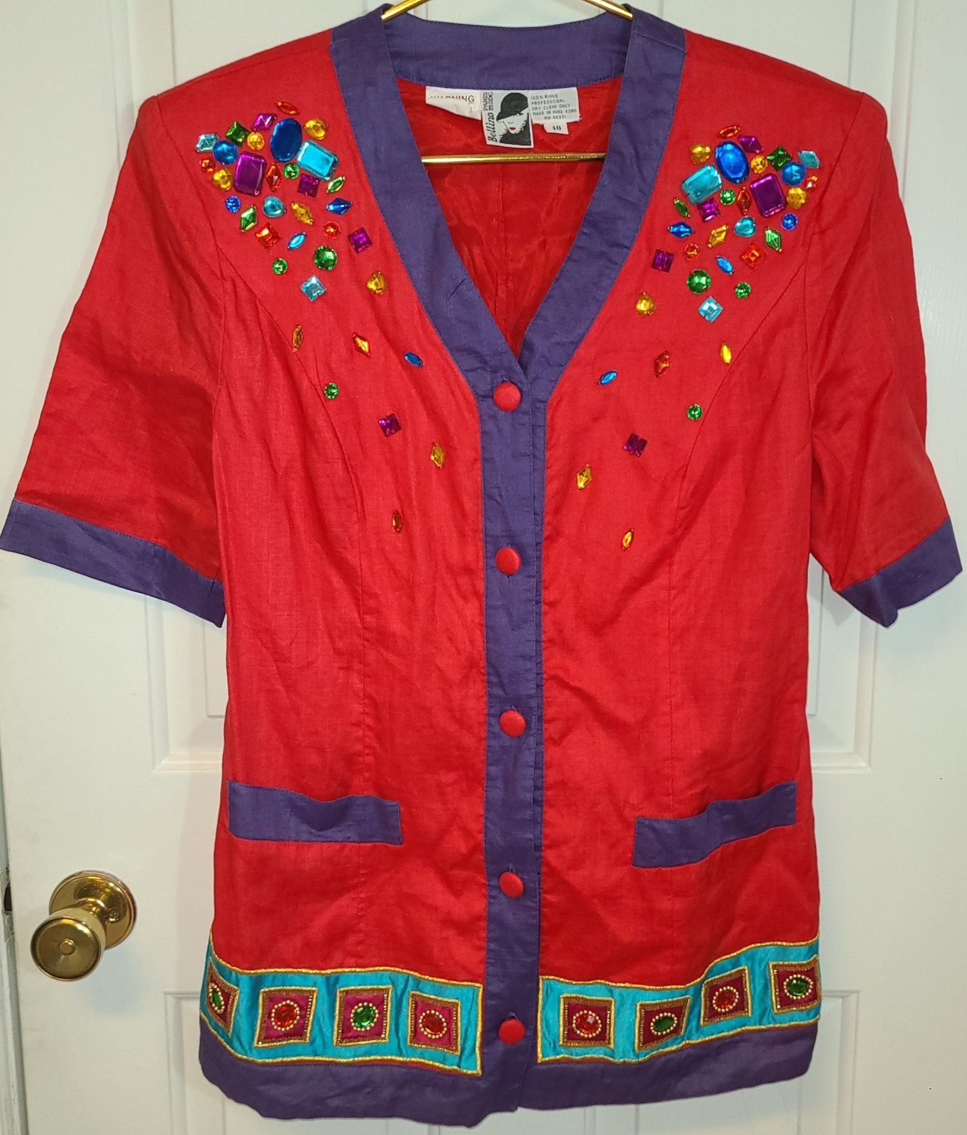 Vintage 80s Bellino Paris 100% Ramie Button Jeweled Blouse Boho Tunic Top Sz 10