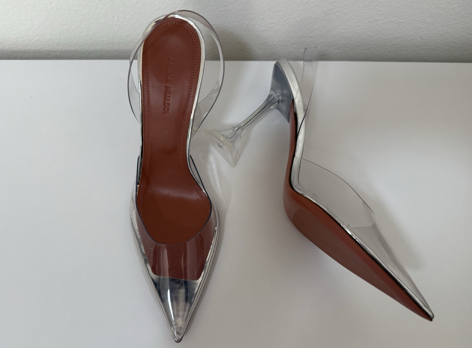 Amina Muaddi Transparent PVC Slingback Pumps Clear Silver Size 38.5 NEW