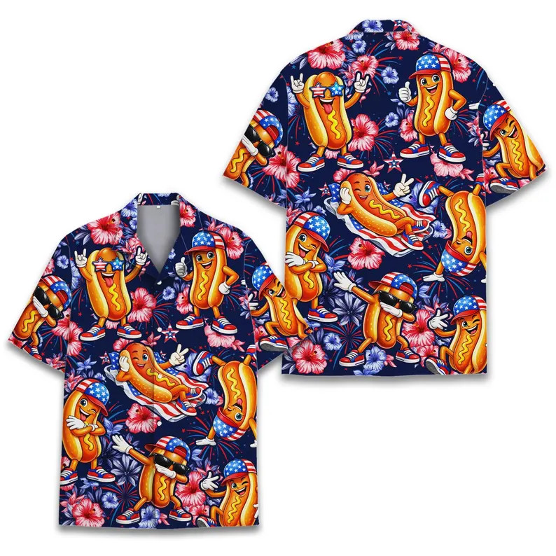 Funny Hotdog Hawaiian Shirt 4th Of July Aloha Shirt Button Up