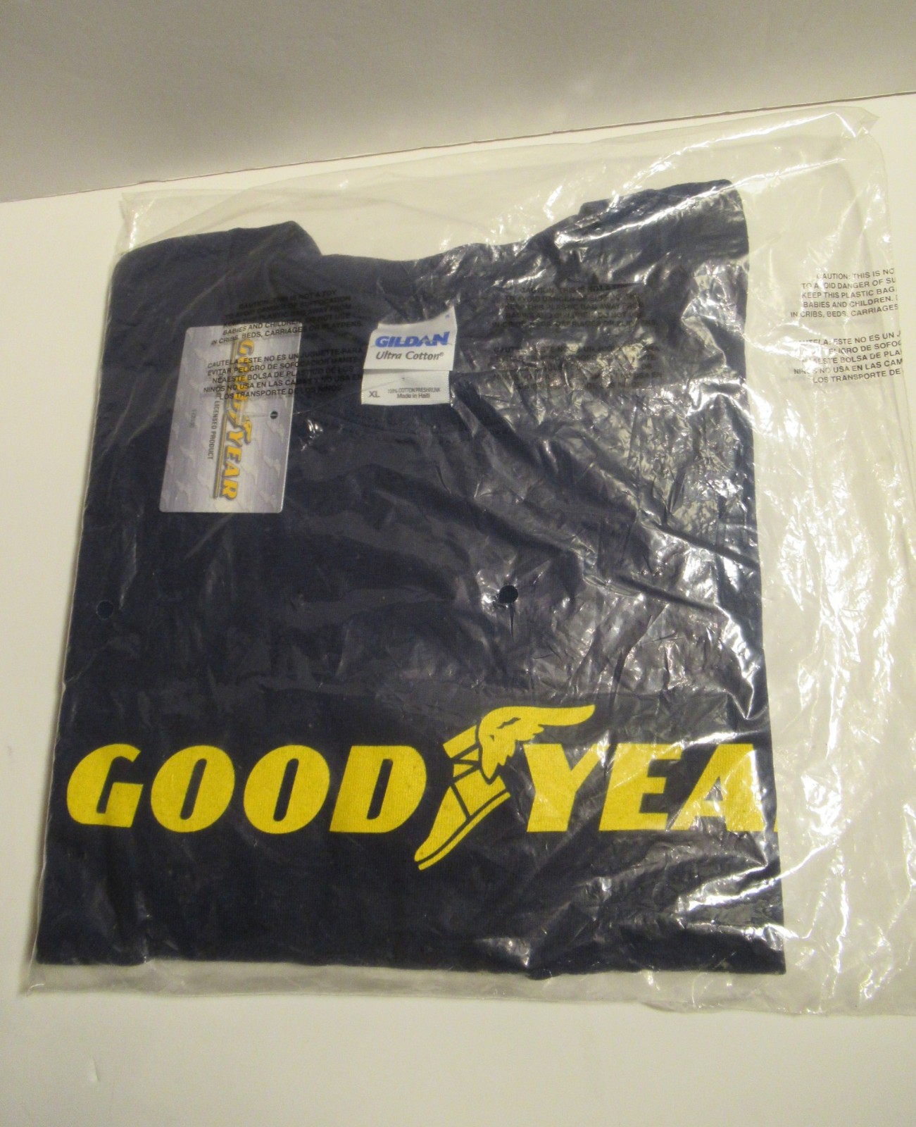 XL Vintage Goodyear Official New Navy T Shirt Yellow Winged Logo Gildan Cotton