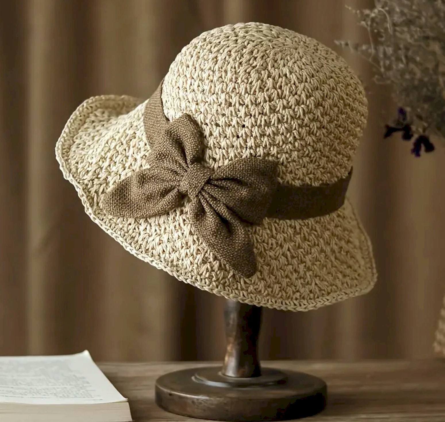 Elegant French Style Sun Straw Hat With Ruffle Bowknot CREAM COLOR