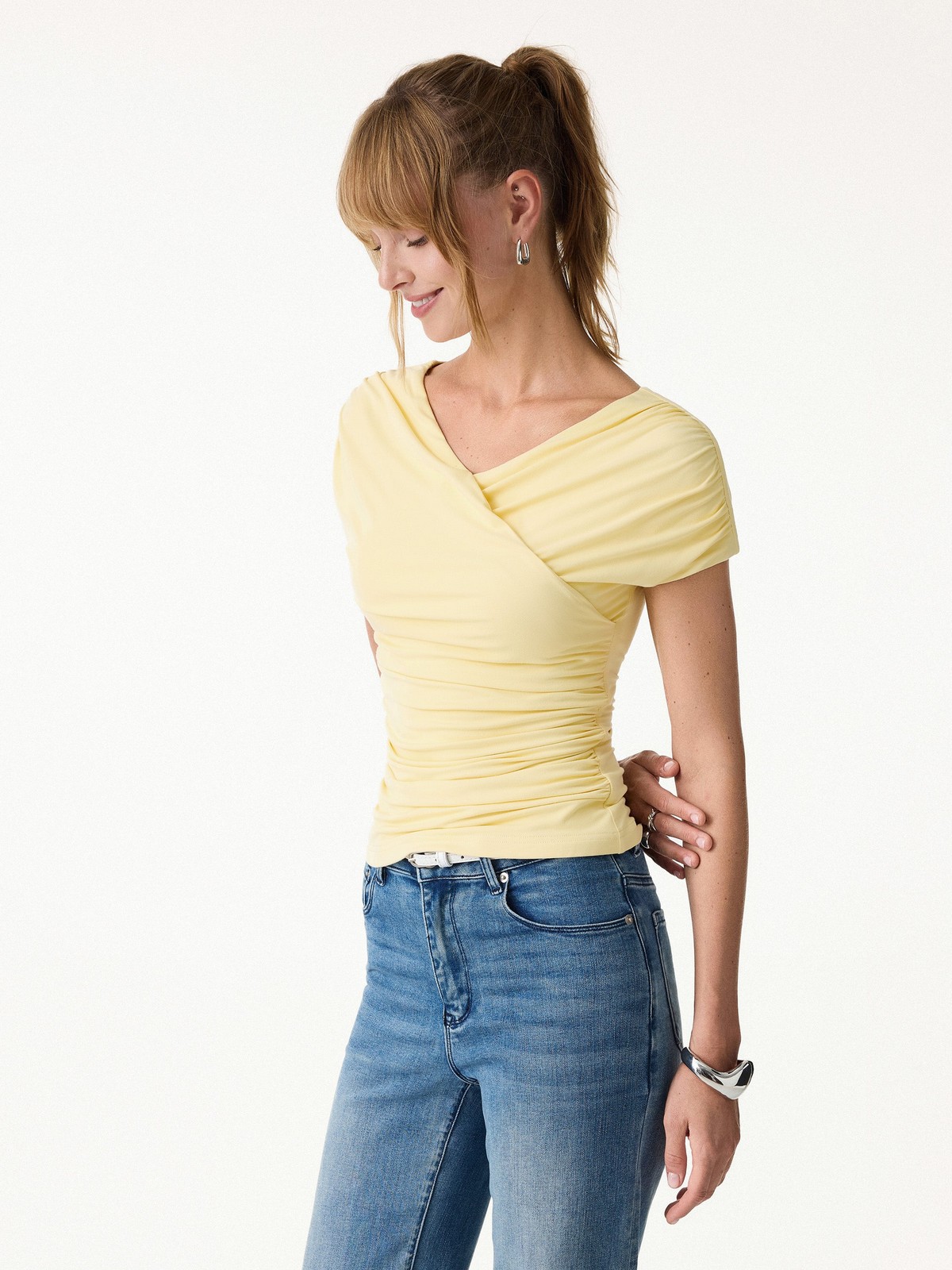 New Arrival OGLMOVE Ruched Surplice V-Neck Bra Top Stretch Fit