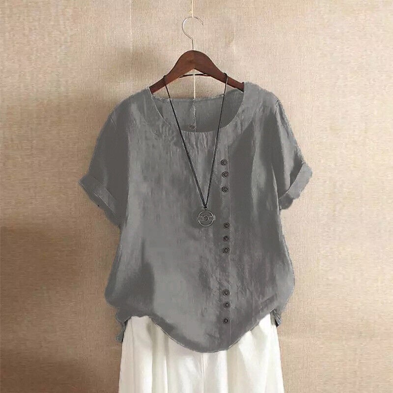 Summer Womens Cotton Linen Tunic Blouse Tops Short Sleeve Shirt Casual