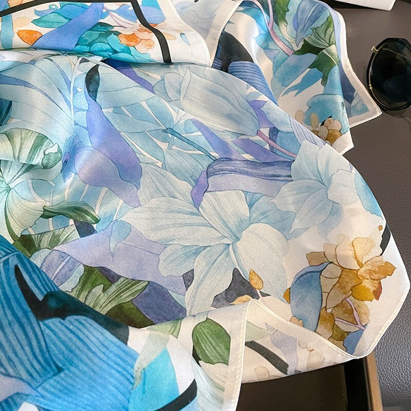 100% Silk Square Scarf Women Light Blue Flower Kerchief Headscarf Tied 68*68cm
